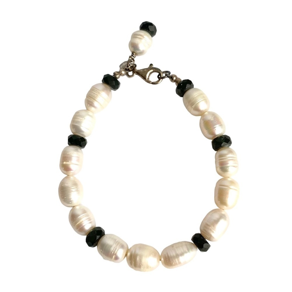Vintage Freshwater Baroque Cultured Pearl Bracelet Green Gemstone Bead 8.5” Long